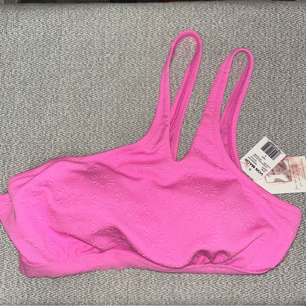 Jessica Simpson NEW one shoulder daisy textured hot pink bikini top size Large